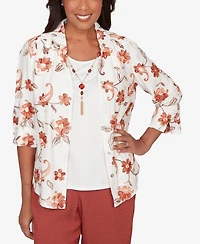 Alfred Dunner Women's Spice Market Paisley Floral Collared Two One Top with Necklace