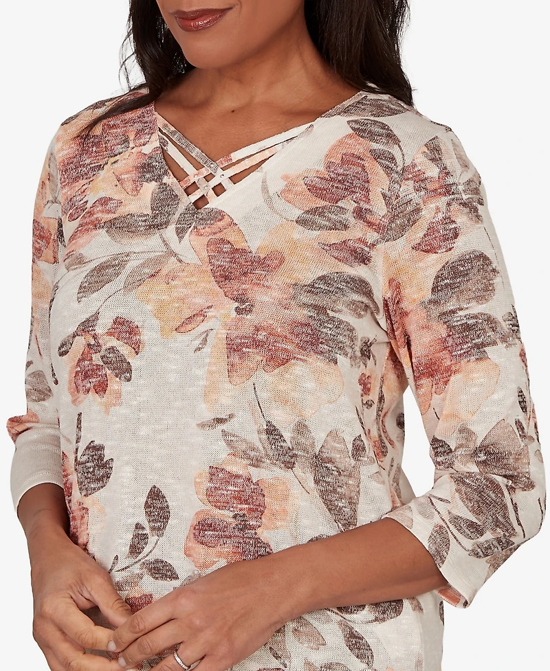 Alfred Dunner Women's Spice Market Embellished Neck Watercolor Floral Top