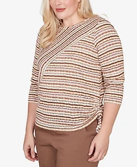 Alfred Dunner Women's Spice Market Spliced Textured Stripe Ruched Tie Top