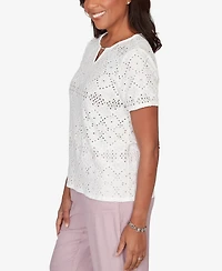 Alfred Dunner Women's Vintage Charm Solid Eyelet Split Beaded Neck Top