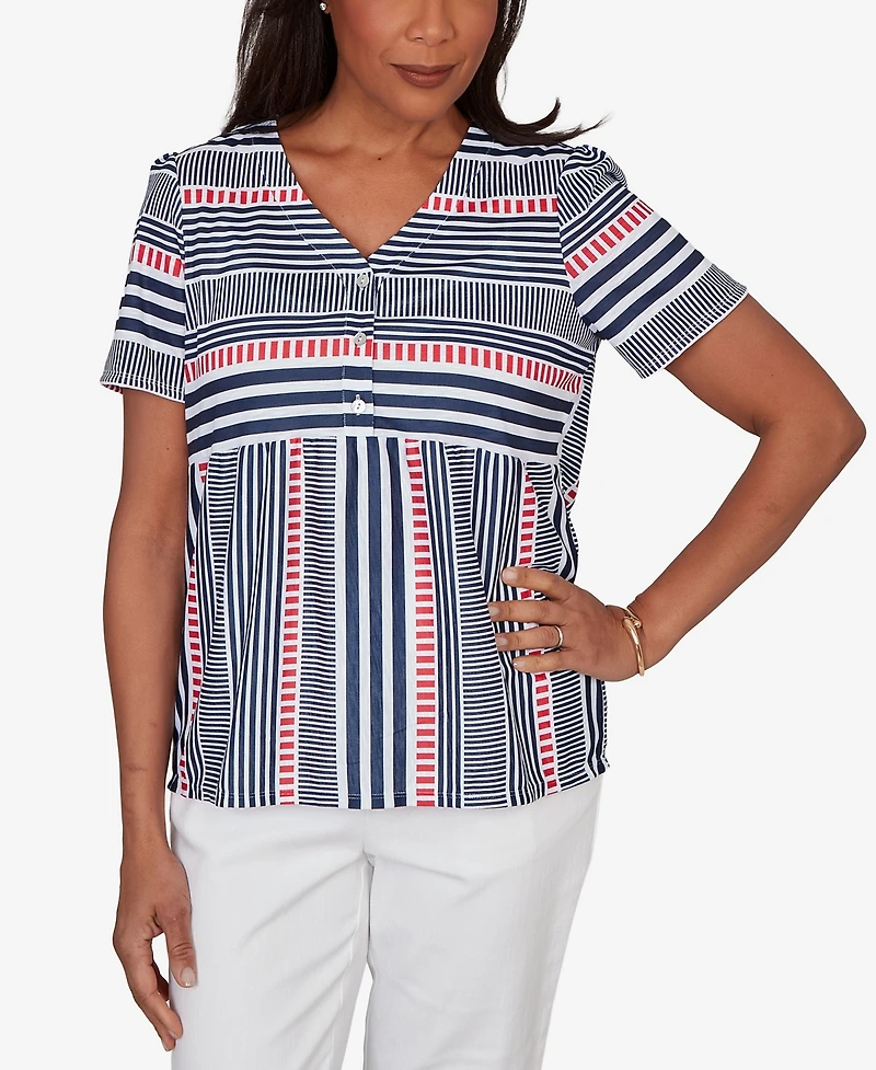 Alfred Dunner Women's Port Side Spliced Mixed Stripe Flutter-Sleeve Top