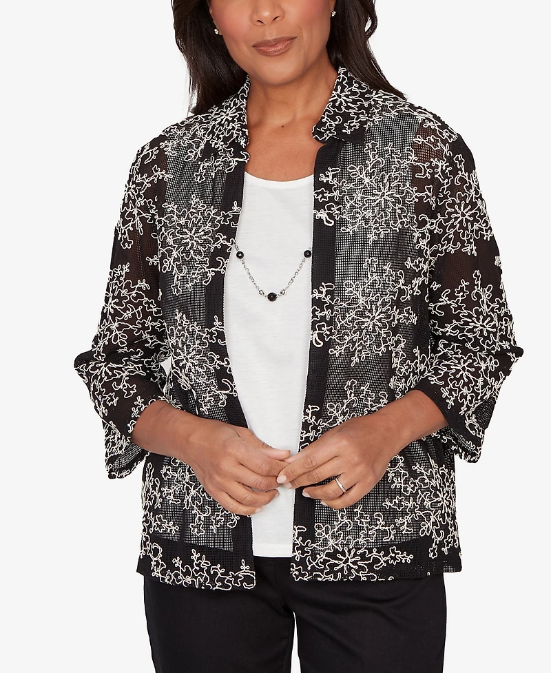 Alfred Dunner Women's Detail Driven Two-in-One Mesh Soutache Top with Necklace