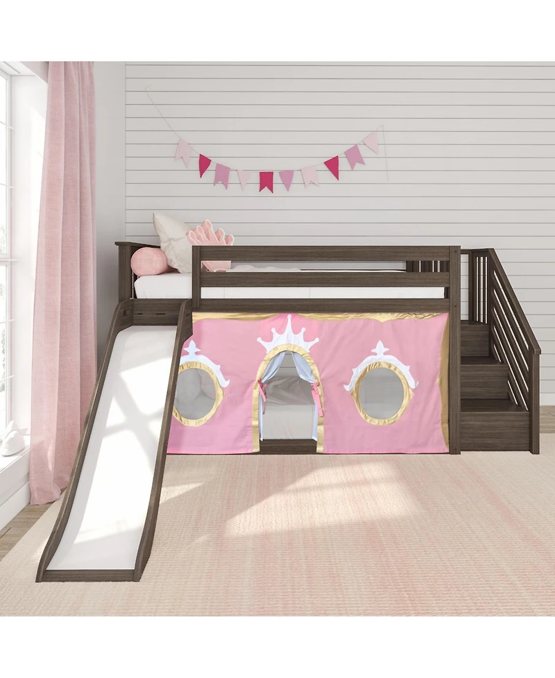 Max & Lily Low Twin over Bunk With Stairs, Easy Slide and Gold Princess Curtain