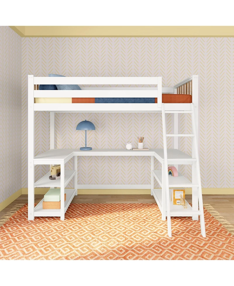 Max & Lily Scandinavian Loft Bed with Wraparound Desk and Shelves