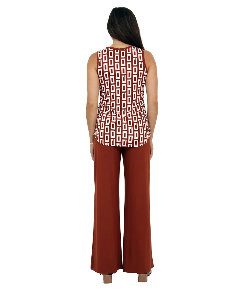 24seven Comfort Apparel Women's Abstract Print V-Neck Top and Elastic-Waist Flared Pant Set
