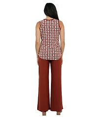 24seven Comfort Apparel Women's Abstract Print V-Neck Top and Elastic-Waist Flared Pant Set