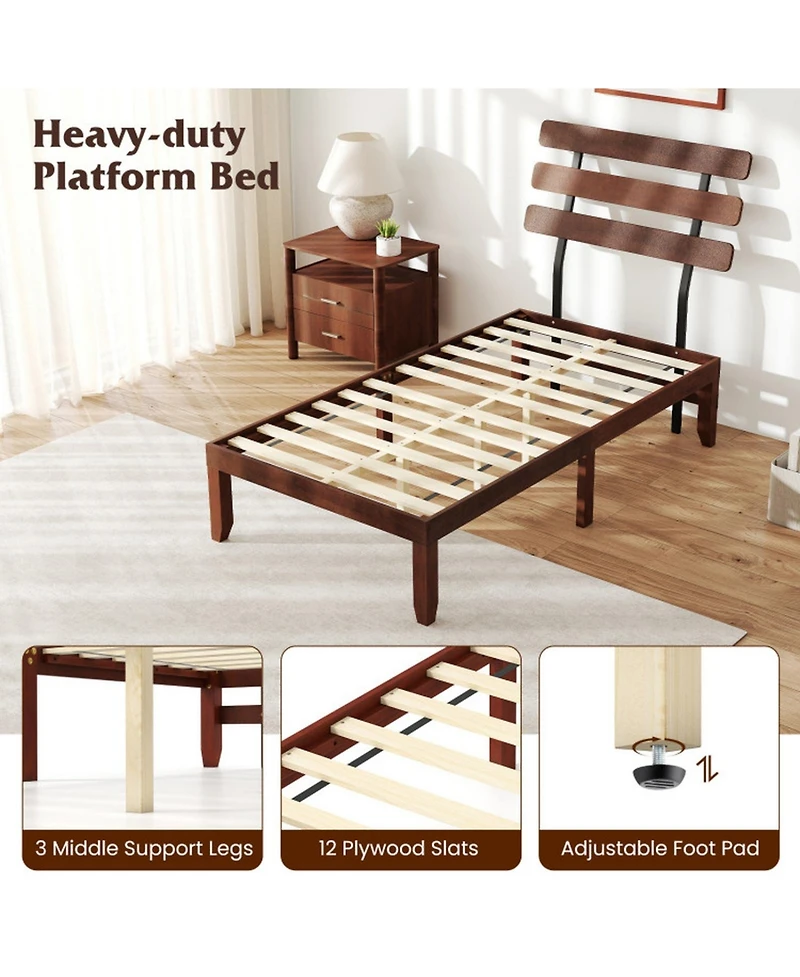 Gouun Twin Metal and Wood Bed Frame with Headboard and Retro Headboard