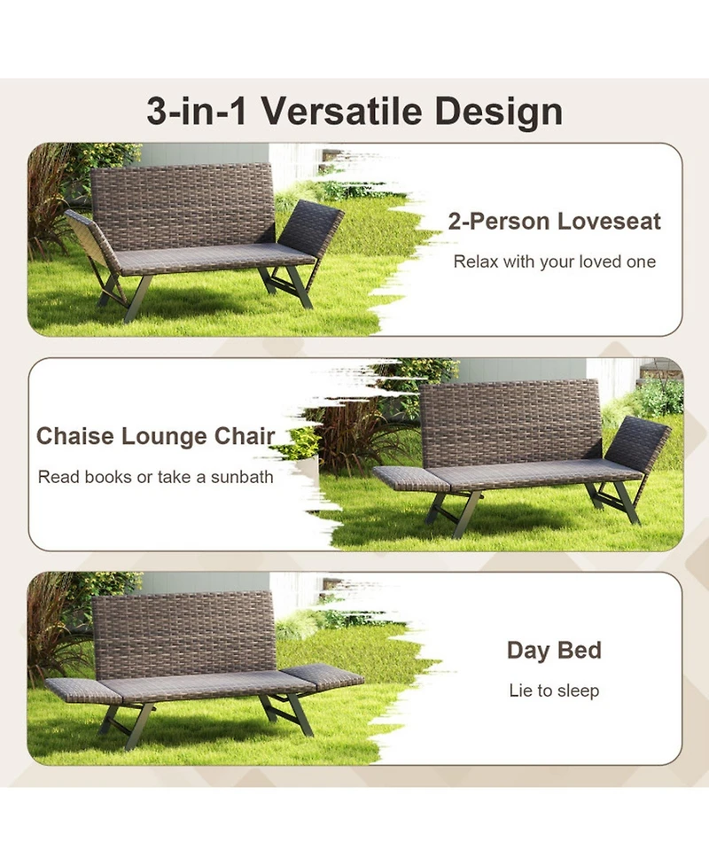 Gouun 3-in-1 Convertible Patio Rattan Sofa with Quick-Dry Foam