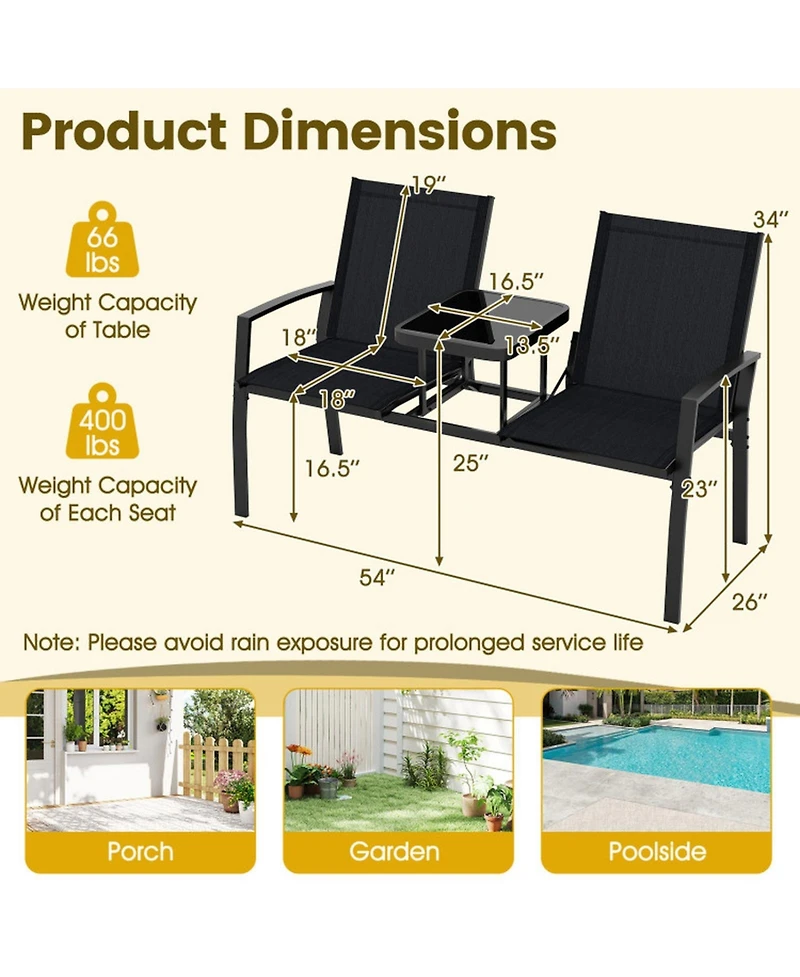 Gouun 2-Person Patio Loveseat with Tempered Glass Built-in Table