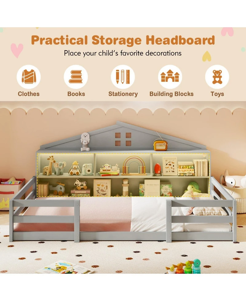 Gouun Twin Montessori Floor Bed with Storage Shelves and Storage Compartments