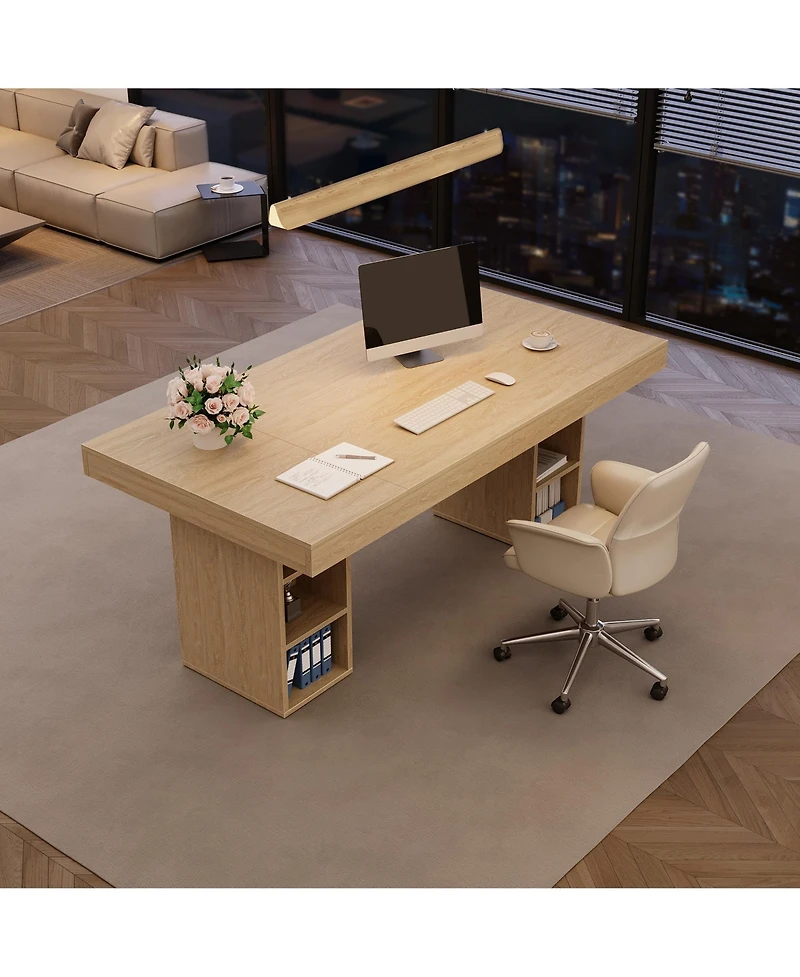 Homfan Spacious Rectangular Dining Table, Dual Storage, Double Pedestal, Wooden Frame, Large Tabletop for 6, Room or Office