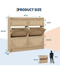 Homfan Rattan Shoe Cabinet with Adjustable Shelves and Metal Handles, Narrow Entryway Storage