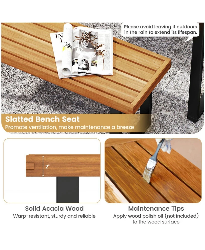 Gouun Set of 2 Acacia Wood Outdoor Dining Benches 48 Inch with Sturdy Metal Legs