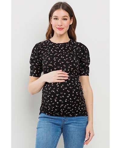 Hello Miz Maternity Floral Ribbed Ruched Puff-Sleeve Fitted Top