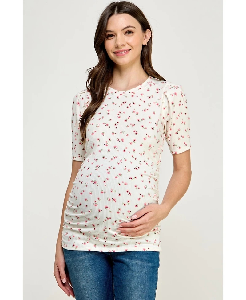 Hello Miz Maternity Floral Ribbed Ruched Puff-Sleeve Fitted Top