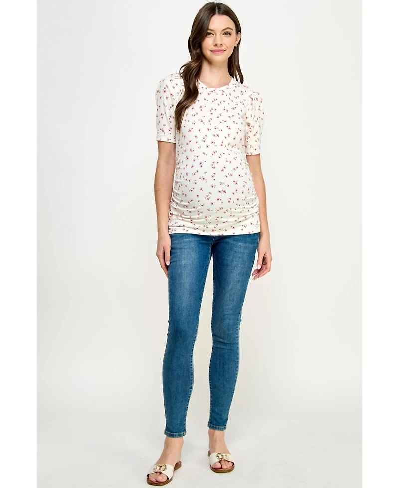 Hello Miz Maternity Floral Ribbed Ruched Puff-Sleeve Fitted Top