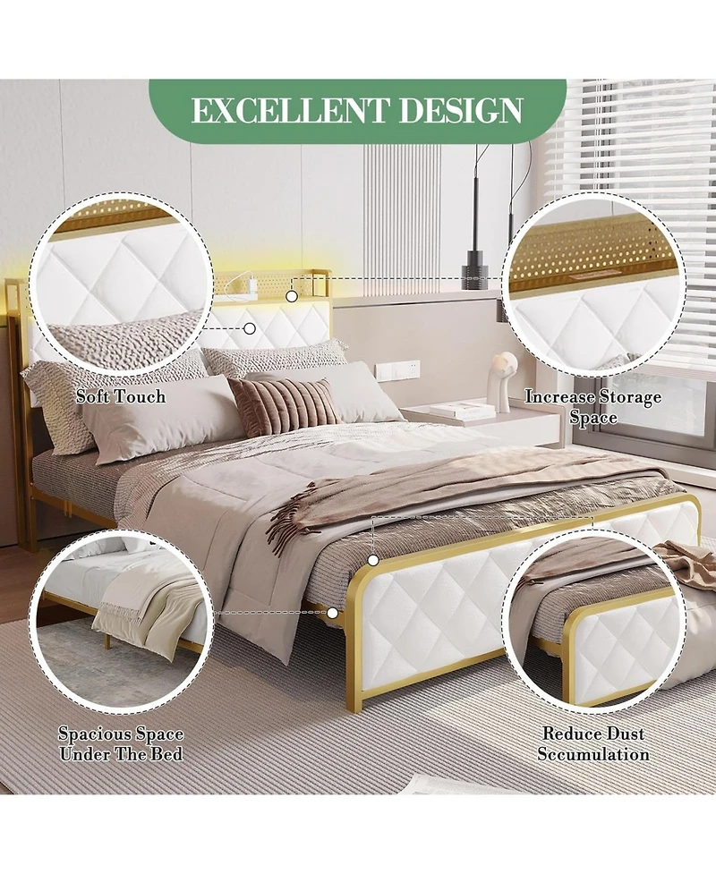 gaomon King Platform Bed Frame with Charging Station, Led Lights, Velvet Storage Headboard, Noise-Free, No Box Spring Needed