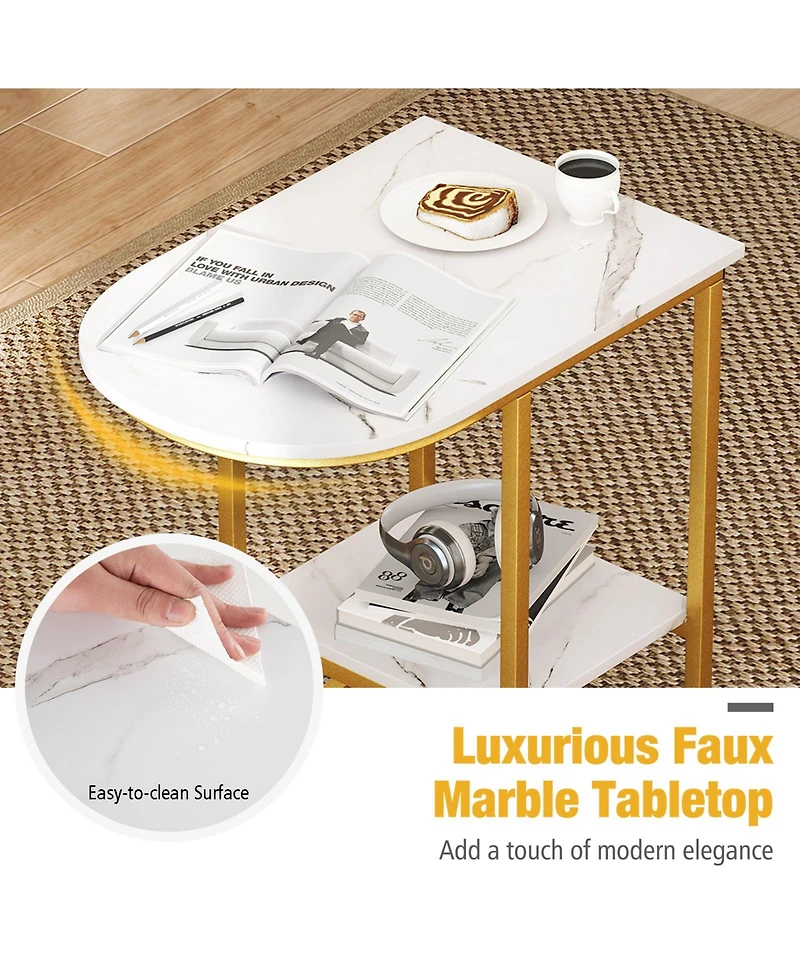 Sugift C Shaped Sofa Side Table with Faux Marble Top