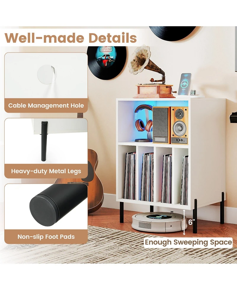 Sugift Record Player Stand with Led Light and Charging Station