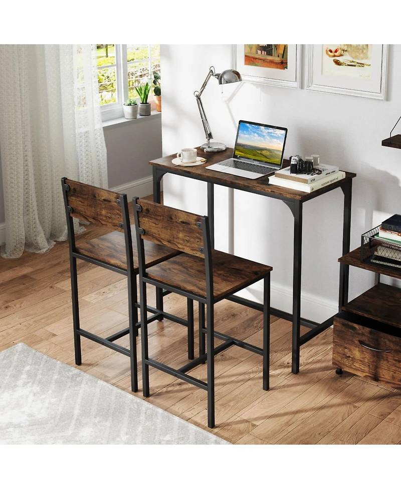 Costway 3 Pcs Bar Table Set Pub Dining and 2 Stools with Backrest Footrest