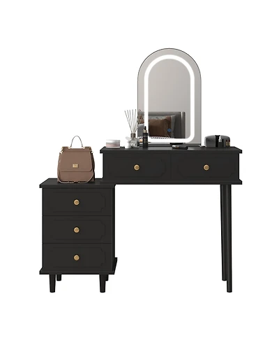 Homfan Makeup Vanity Desk with Mirror and Lights, Modern Table 2 Drawers Adjustable 3-Drawer Cabinet, Wood Dressing for Bedroom