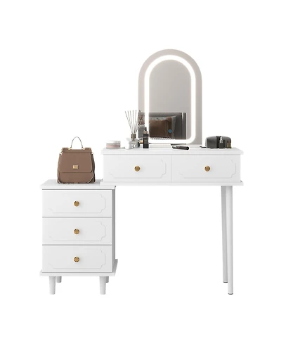 Homfan Makeup Vanity Desk with Mirror and Lights, Modern Table 2 Drawers Adjustable 3-Drawer Cabinet, Wood Dressing for Bedroom