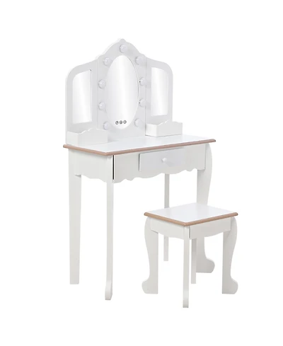Homfan Kids Vanity Set with Lighted Tri Fold Mirror, Wooden Pretend Play Dressing Table Stool, Storage Drawer & Adjustable Led Modes