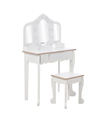 Homfan Kids Vanity Set with Lighted Tri Fold Mirror, Wooden Pretend Play Dressing Table Stool, Storage Drawer & Adjustable Led Modes