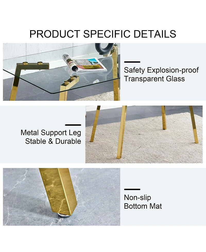 Streamdale Furniture Modern minimalist rectangular glass dining table with golden metal legs.