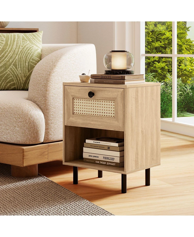 Sugift Boho Rattan Nightstand with Drawer and Open Display Shelf