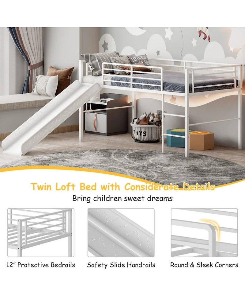 Gouun Twin Metal Loft Bed with Slide, Built-In Ladder and Safety Guardrails