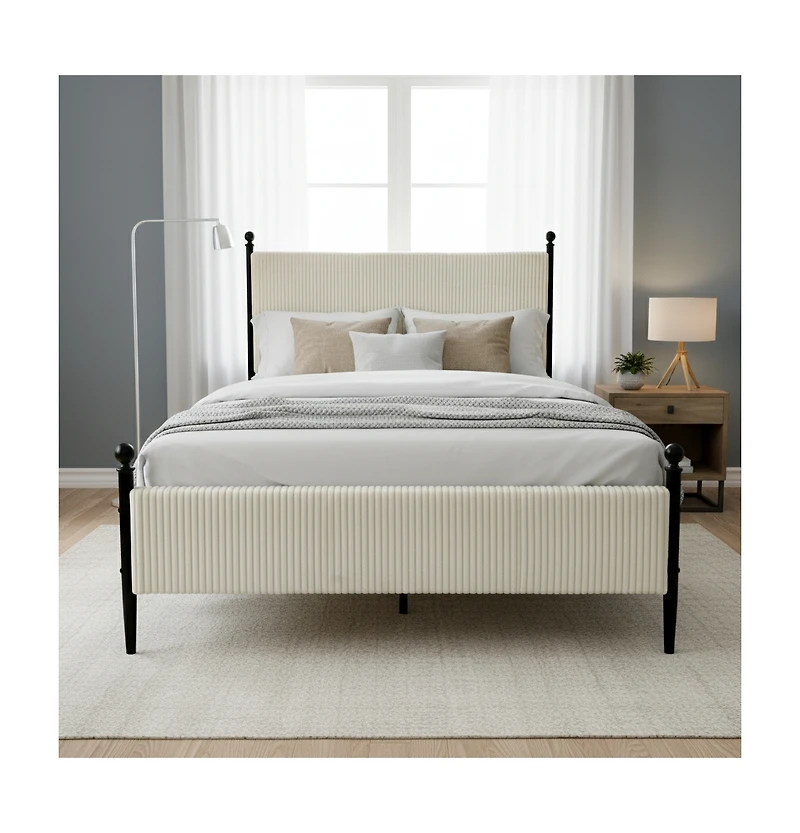 Homfan Modern Corduroy Upholstered Bed Frame with Vertical Striped Headboard, Wooden Slats, Metal Legs