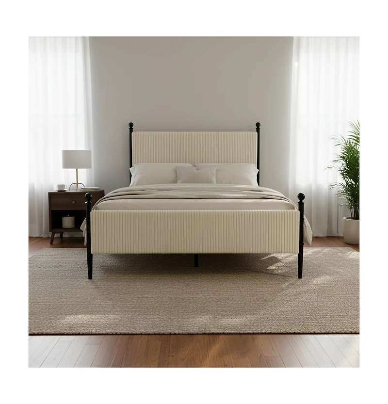 Homfan Modern Corduroy Upholstered Bed Frame with Vertical Striped Headboard, Wooden Slats, Metal Legs