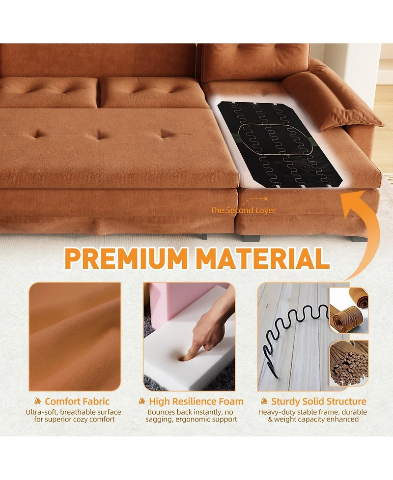 Rainsken 109.5" Convertible U-Shaped Sofa, Oversized Modular Sectional Sleeper with Pull Out Bed, Removable Armrests and Usb Ports for Living Room