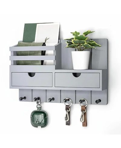 Yigii Wall Mounted Key Holder with 2 Drawers 6 Hooks Shelf Mail Organizer Decor