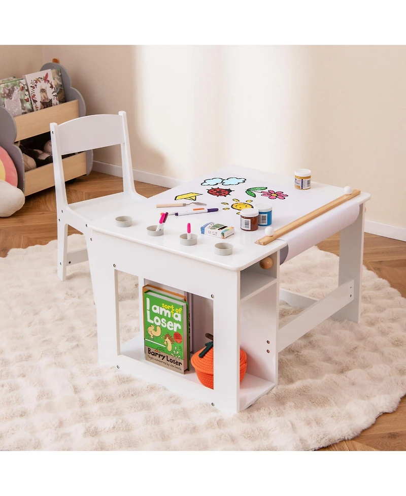 Gouun Kids Art Table and Chair Set with Paper Roll Holder and Paint Cups