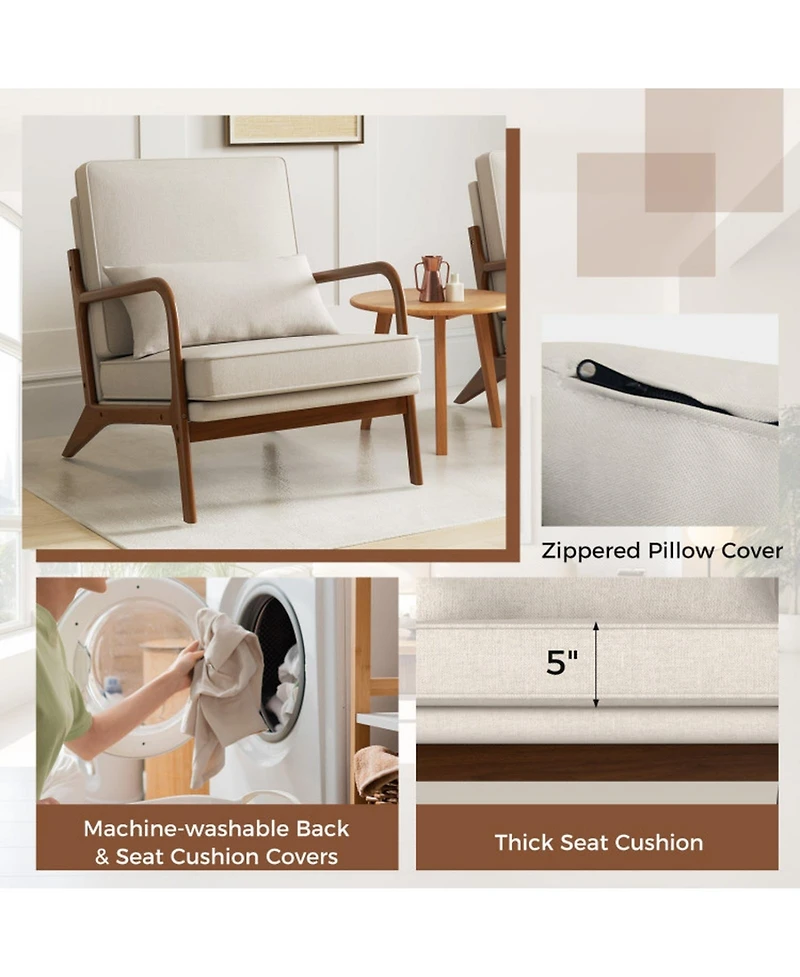 Gouun Modern Accent Chair with Rubber Wood Armrests and Removable Lumbar Pillow