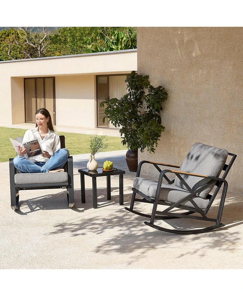 Tribesigns Outdoor Rocking Chair Set, 3PCS Rocking Bistro Set with Thick Cushion, Waterproof Patio Rocking Chairs with Table