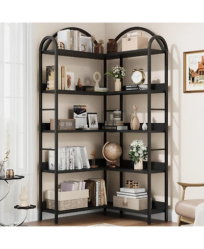 gaomon 5-Tier l-Shaped Corner Bookshelf, Modern Industrial Bookcase with Arched Metal Frame, Open Wood-Metal Storage Shelves