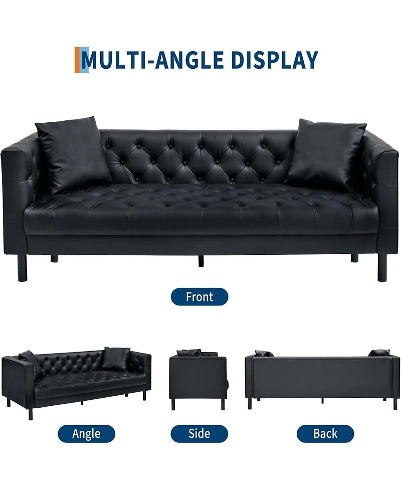 gaomon 78 in Leather Couch for Living Room, Button-Tufted 3 Seater Sofa with 2 Pillows and Deep Seat, Modern Mid-Century Leather Sofa for Apartment