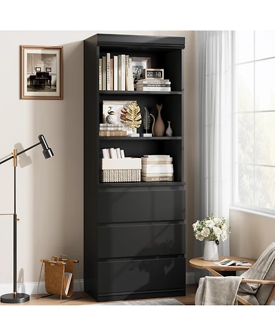 gaomon Industrial Tall Bookcase with Doors and Drawers, 5-Tier Wooden Bookshelf, Metal Frame Storage Rack