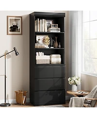 gaomon Industrial Tall Bookcase with Doors and Drawers, 5-Tier Wooden Bookshelf, Metal Frame Storage Rack