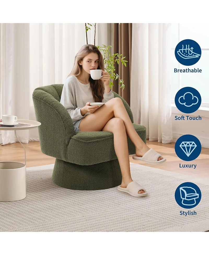 gaomon Swivel Barrel Chair, Teddy Bear Velvet Upholstered Modern Armchair with Striped Backrest and Plush Padding, Round Lounge Chair