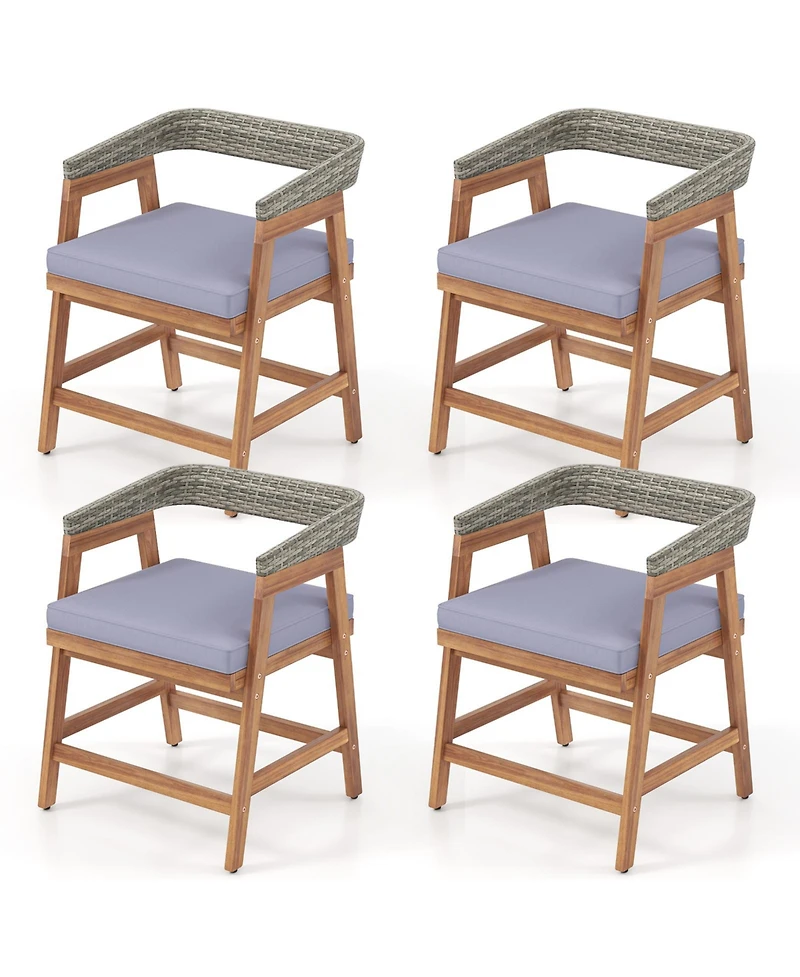 Gouun Set of 4 Acacia Wood Wicker Outdoor Dining Chairs with Seat Cushions