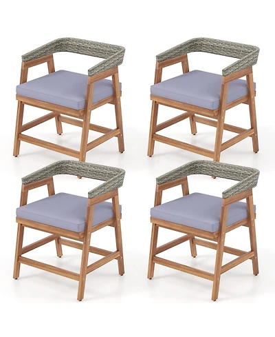 Gouun Set of 4 Acacia Wood Wicker Outdoor Dining Chairs with Seat Cushions