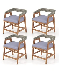 Gouun Set of 4 Acacia Wood Wicker Outdoor Dining Chairs with Seat Cushions