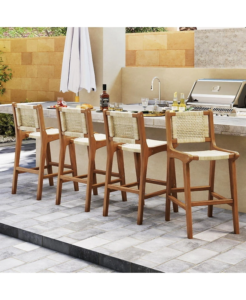 Gouun Counter Height Teak Wood and Rattan Outdoor Bar Stool with Footrest