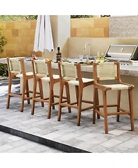 Gouun Counter Height Teak Wood and Rattan Outdoor Bar Stool with Footrest