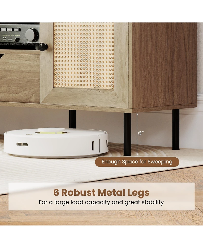 Gouun Boho 52-Inch Pe Rattan Tv Stand with Cabinets and Drawer