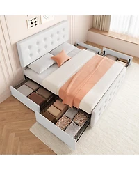 gaomon Noise-Free Full Platform Bed Frame-Upholstered Headboard-4 Storage Drawers-Button Tufted-White